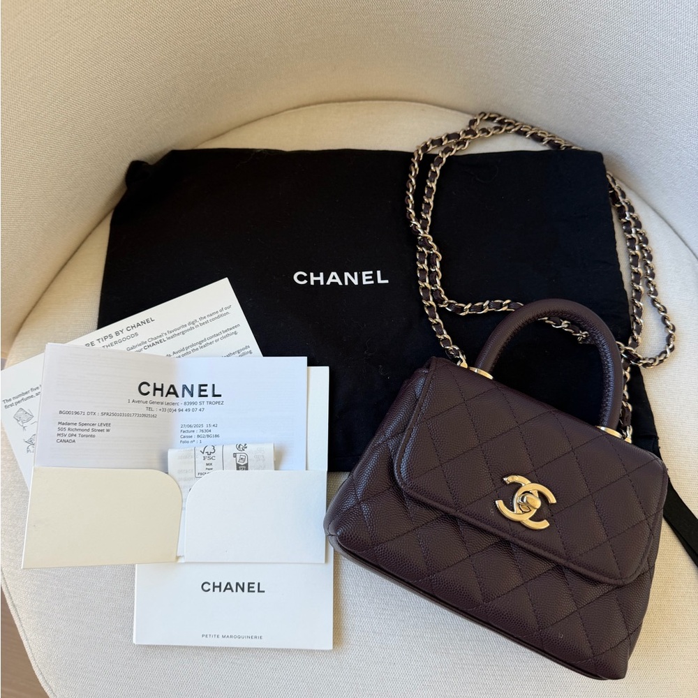 CHANEL Mini Coco Handle Flap Bag Burgundy Caviar Gold With Receipt - Picture 3 of 10